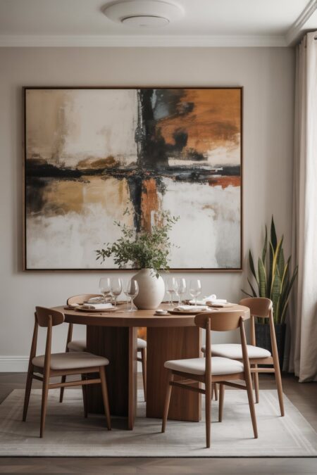 A dining room with one large abstract painting above the table