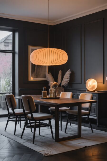 A dramatic modern dining room with charcoal walls