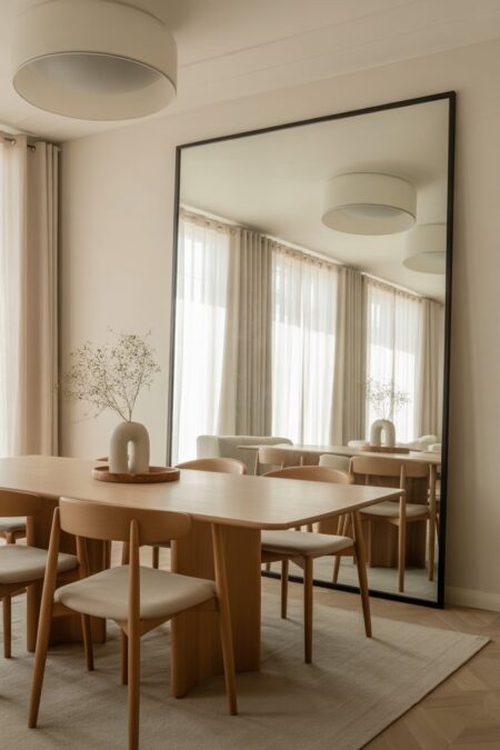A modern dining area with a thin framed large mirror on one wall