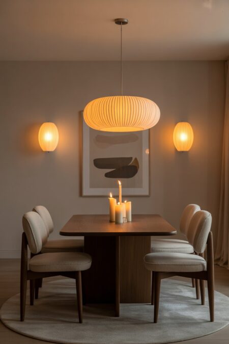 A modern dining room featuring layered lighting