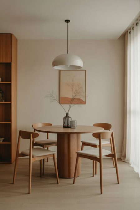 A small modern dining area with a round wooden table and four slim chairs