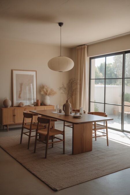 Dining space with a large neutral rug under a wooden table