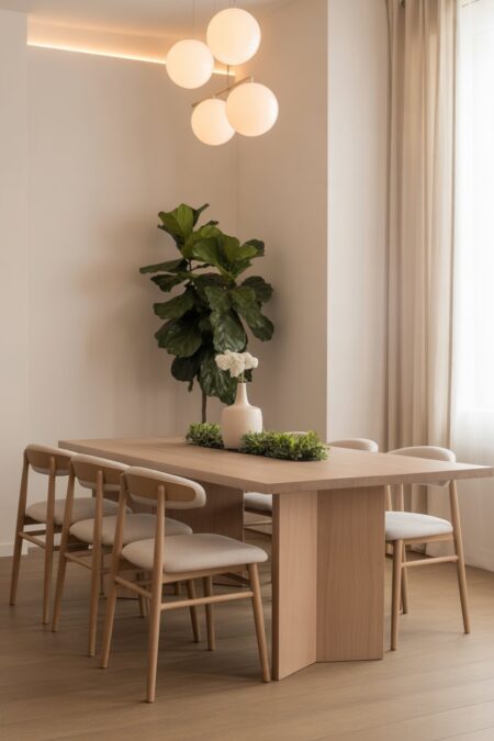 Modern dining room featuring a fiddle leaf fig and small greenery on the wooden table