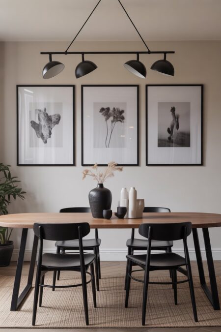 Modern dining room with black metal light fixture