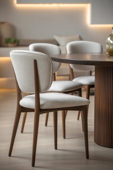 dining table paired with linen and boucle upholstered chairs