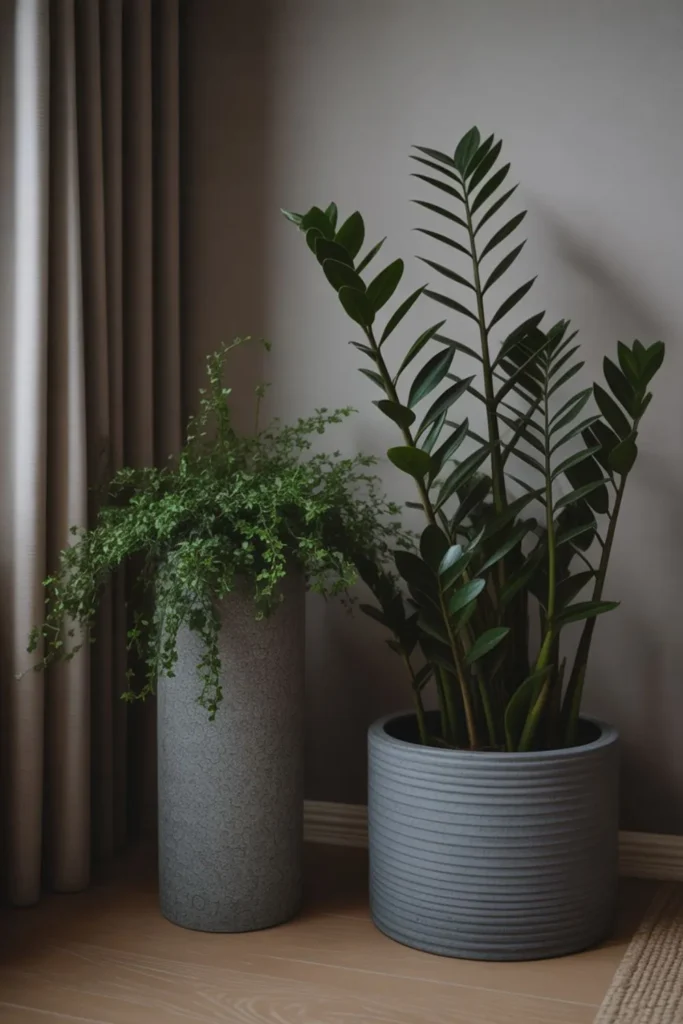 Modern, bohemian, and minimalist living rooms styled with low light house plants.