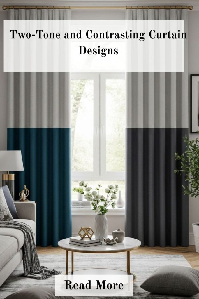 Two-tone and contrasting curtain designs adding visual interest to a living room with stylish color combinations and modern window treatments