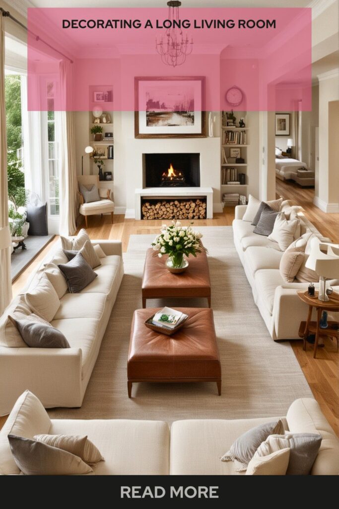 Beautifully decorated long living room with layered lighting, stylish furniture, area rugs, and balanced decor for a warm and functional space.