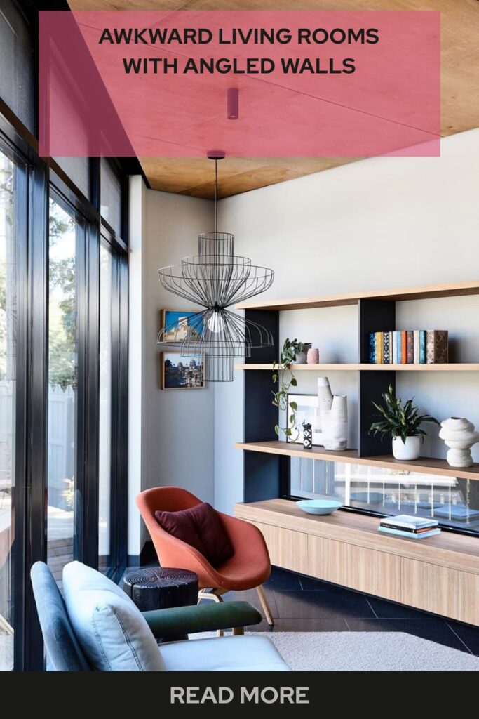 Awkward living room with angled walls designed with smart furniture placement, cozy seating, and balanced decor to improve flow and usability.