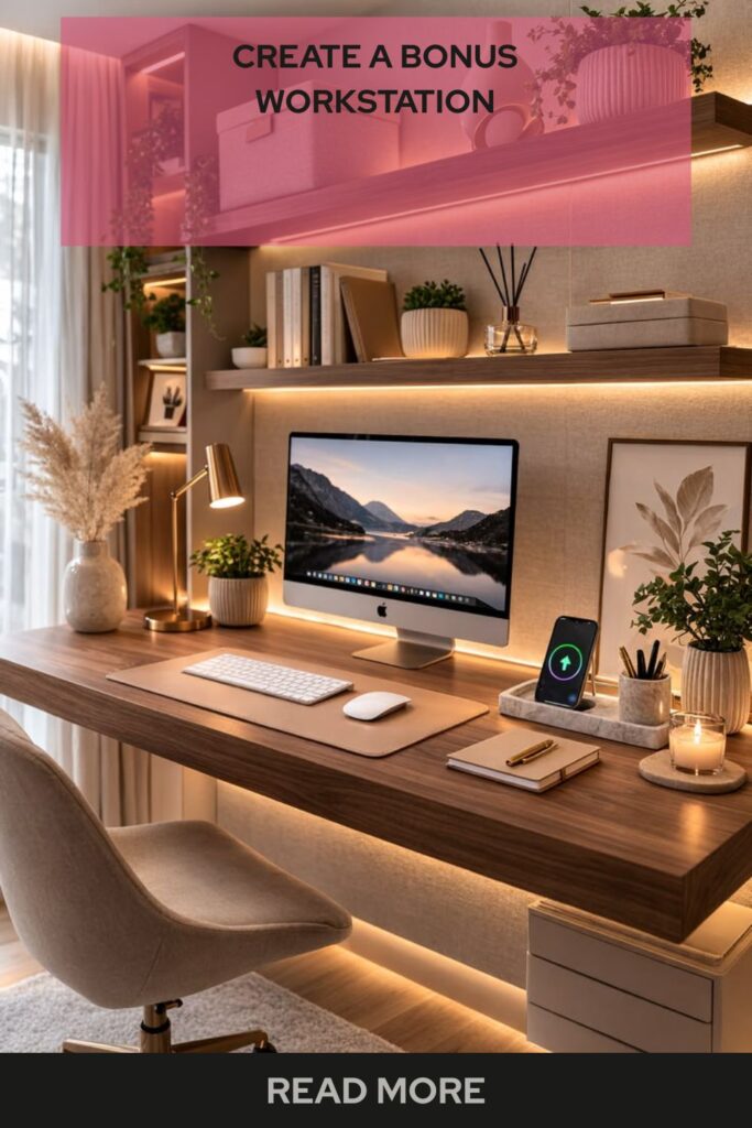 Bonus workstation setup in a home living space featuring a compact desk, ergonomic chair, storage shelves, and a functional modern design for productivity.