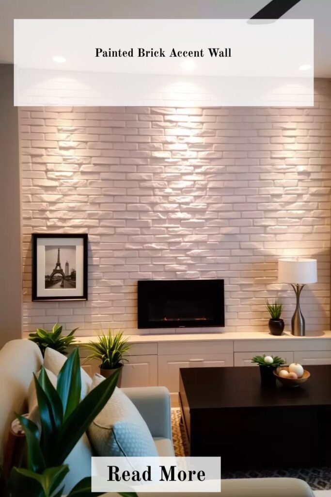 Cozy living room with a painted brick accent wall, modern furniture, soft lighting, and stylish decor creating a warm and contemporary interior design aesthetic.
