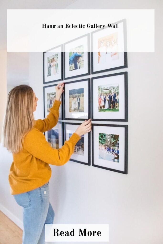 Stylish living room featuring an eclectic gallery wall with mixed art frames, modern furniture, cozy lighting, and creative decor for a personalized interior design look.