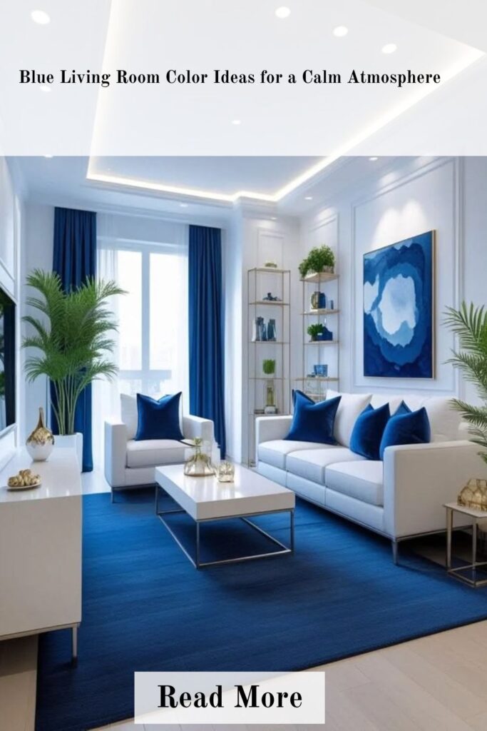 Blue living room color ideas with soft and navy tones creating a calm, relaxing, and airy atmosphere