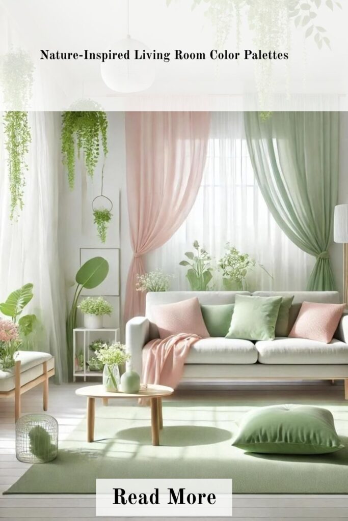 Nature-inspired living room color palette with earthy tones, greenery, and warm textures creating a calm and organic space