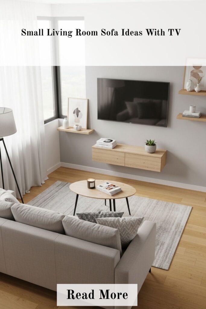 Small living room ideas with TV featuring wall-mounted screen, space-saving furniture, and modern decor layout