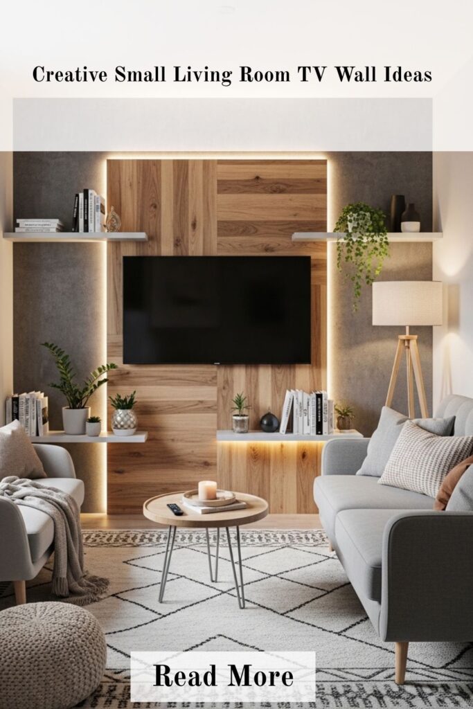 Creative small living room TV wall ideas with accent wall design, floating shelves, and modern decor