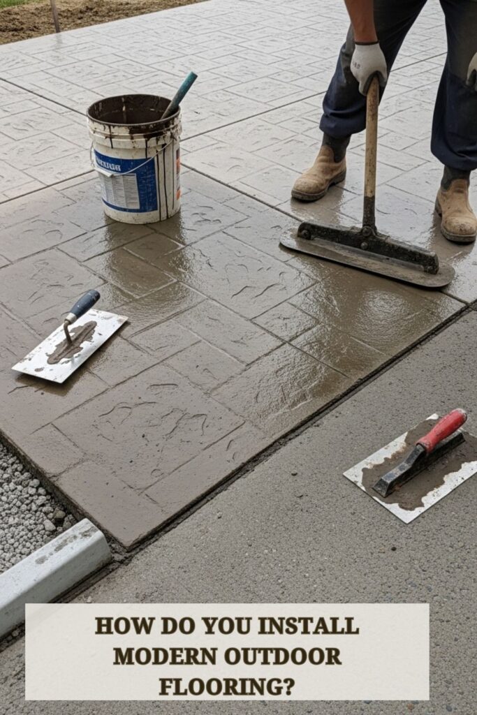 Step-by-step installation of modern outdoor flooring on a backyard patio with wooden decking and stone tiles.