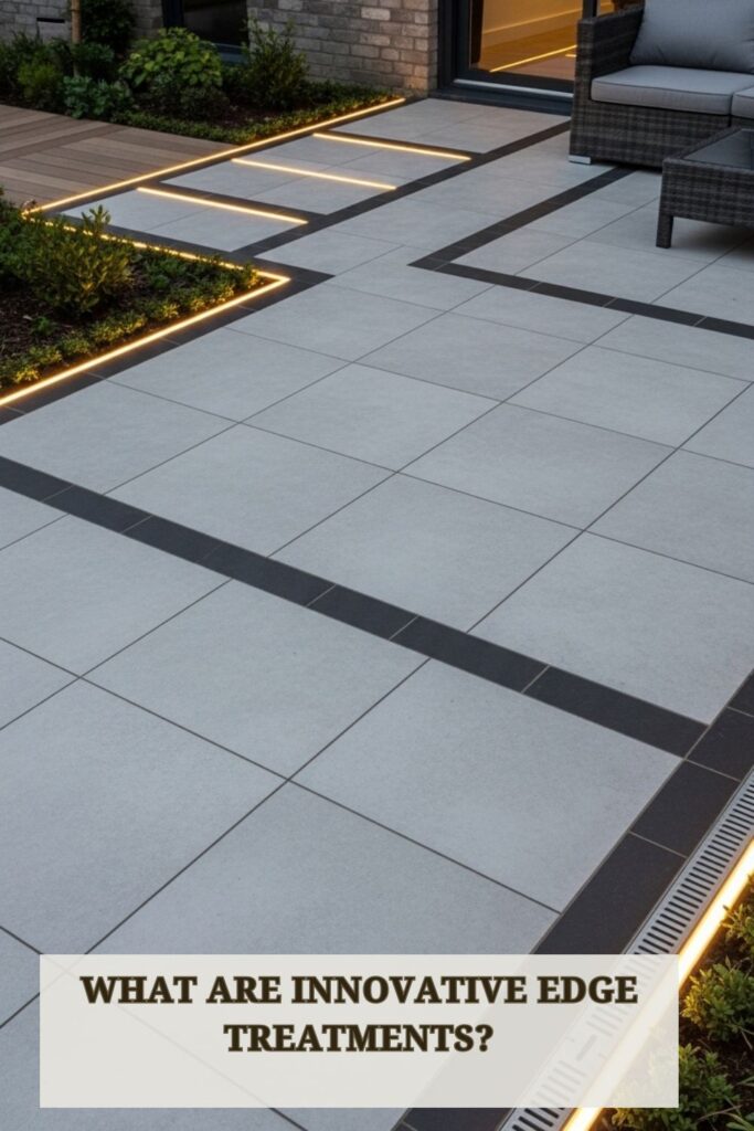 Modern outdoor flooring ideas with innovative edge treatments featuring beveled tiles, contrasting borders, and integrated lighting on a patio.