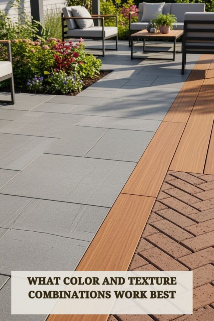 Outdoor flooring with modern color and texture combinations featuring wood, stone, and tile on a stylish patio.