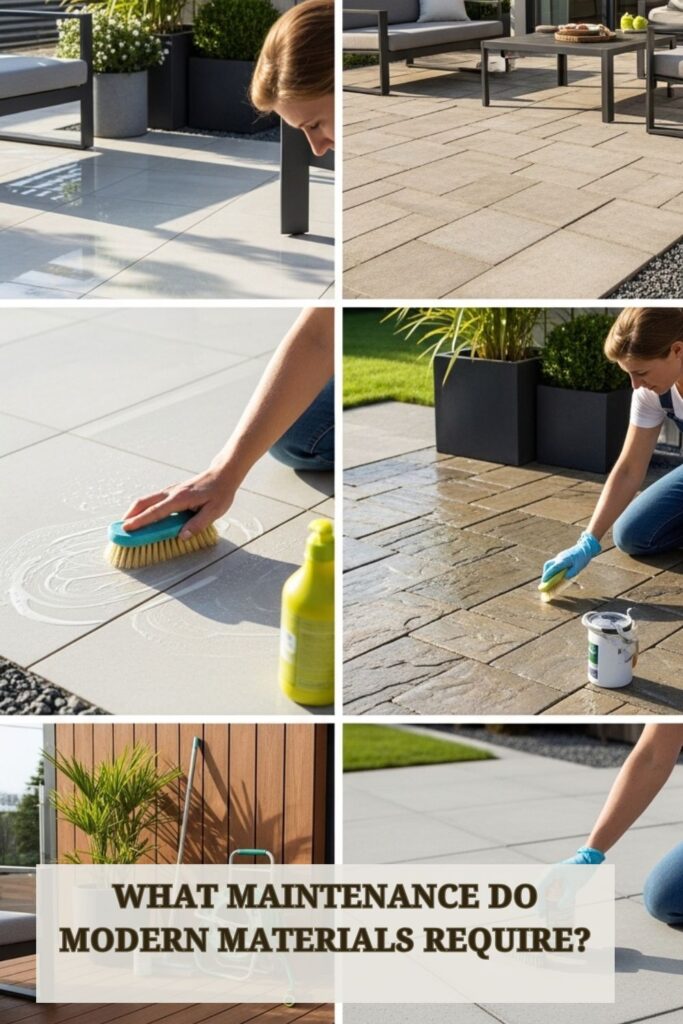 Modern outdoor flooring made of porcelain and stone being cleaned and maintained on a patio with garden plants.