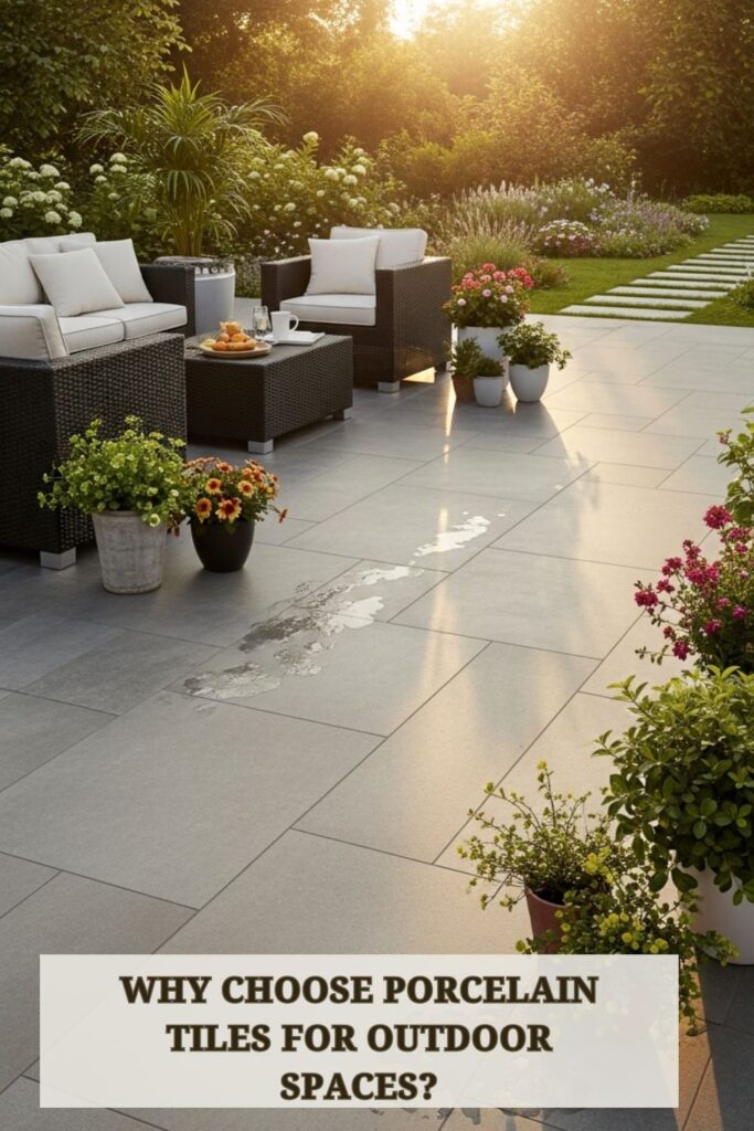 Porcelain tiles installed on a modern outdoor patio with sleek design and garden landscaping.