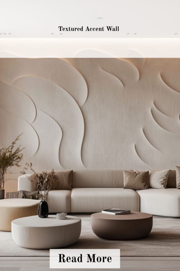 Modern living room featuring a textured accent wall with elegant patterns, cozy furniture, warm lighting, and contemporary home decor for a stylish interior design look.