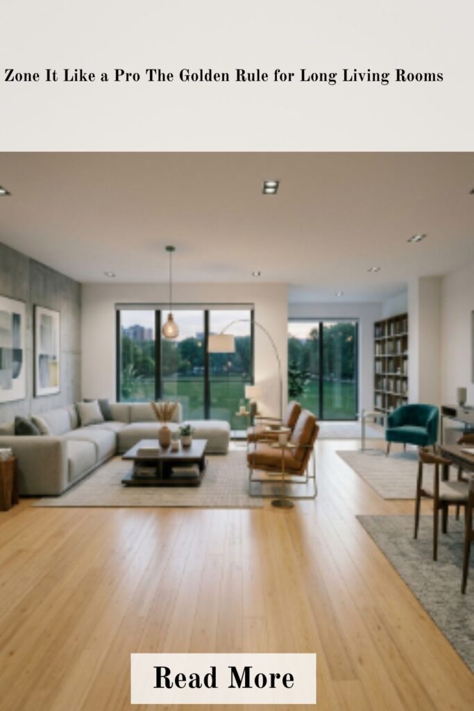 Long living room layout zoned with separate seating and functional spaces