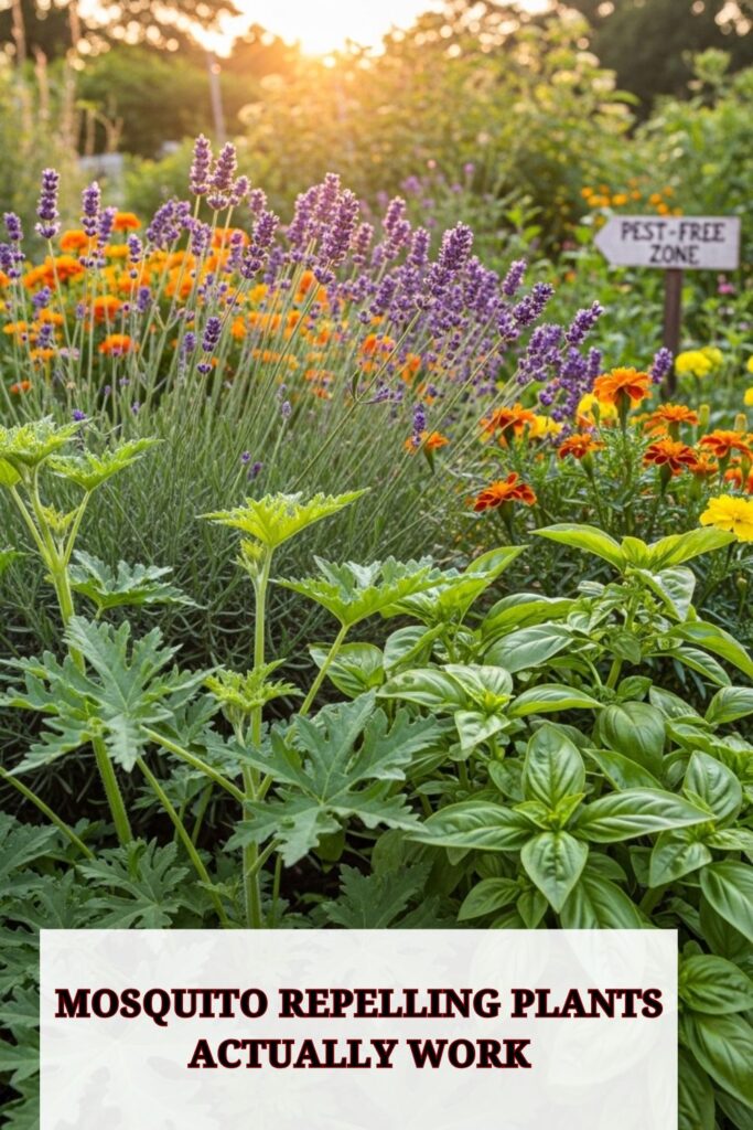 Close-up of a garden with citronella, lavender, basil, and marigolds in pots and flower beds, demonstrating effective natural mosquito-repelling plants.